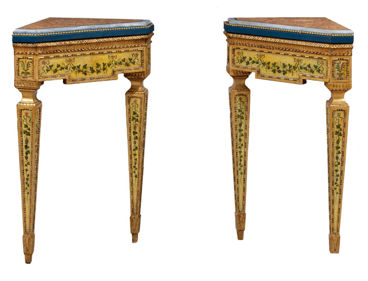 Pair of small corner cabinets with marble inlays